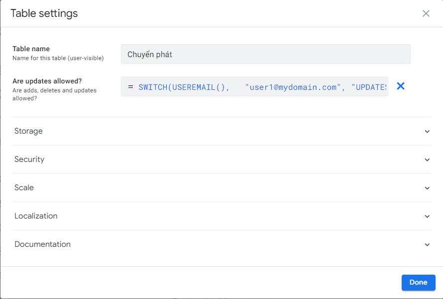 Nhập công thức phân quyền cho người dùng trong table settings