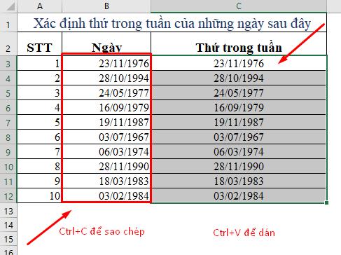 Sao chép cột ngày sang cột thứ