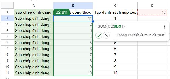 Sao chép nâng cao trong Google sheet