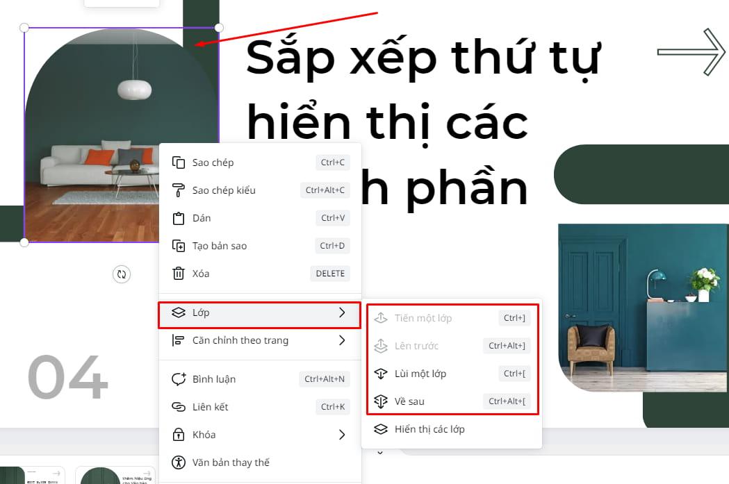 Sắp xếp thứ tự hiển thị của các thành phần trong slide