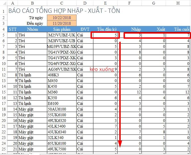 Sử dụng tính năng Filldown để kéo công thức