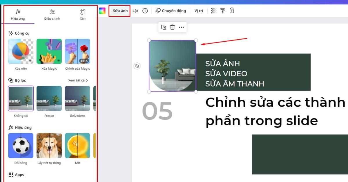 Sửa các thành phần cho slide