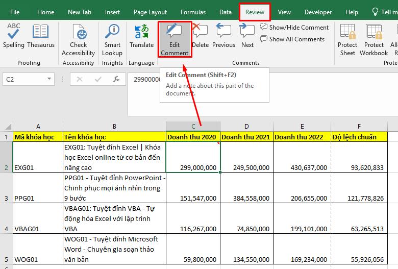 Sửa ghi chú bằng thanh review trên Excel