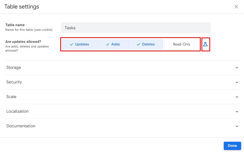 Các tùy chọn phân quyền người dùng trong table settings