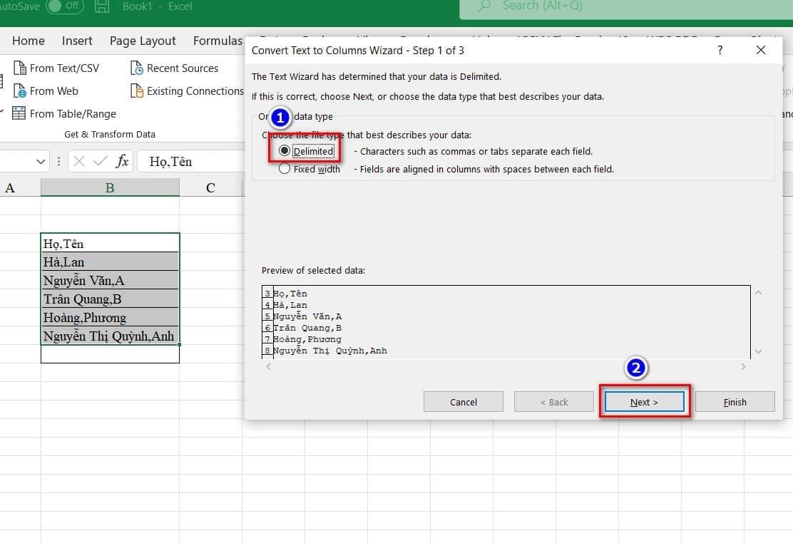 tách dữ liệu của một ô sang nhiều ô trong Excel bước 3