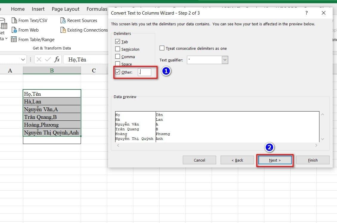 tách dữ liệu của một ô sang nhiều ô trong Excel bước 4