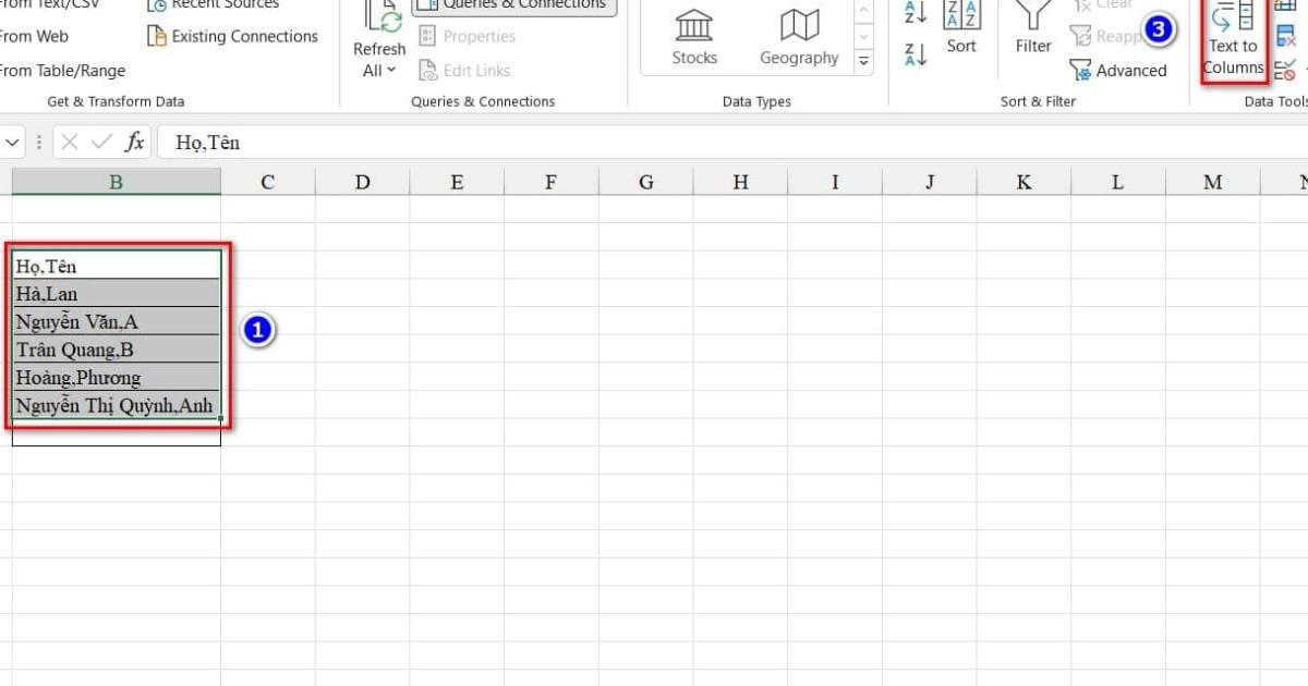 tách dữ liệu của một ô sang nhiều ô trong Excel bước 2