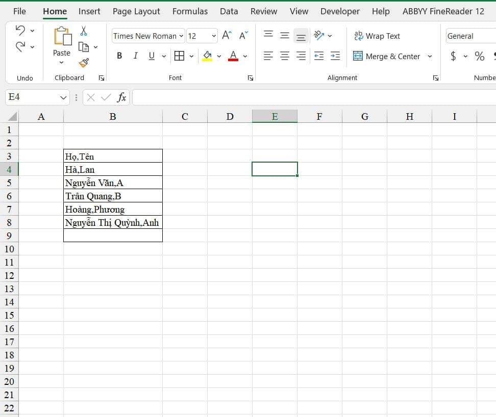tách dữ liệu của một ô sang nhiều ô trong Excel bước 1