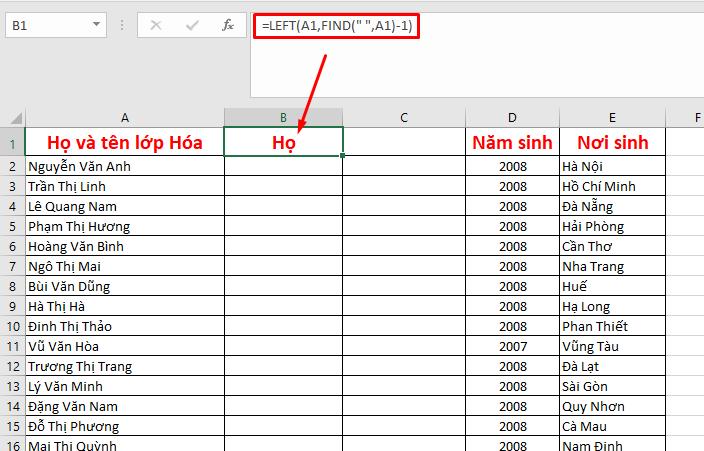 Tách họ ra khỏi cột họ tên