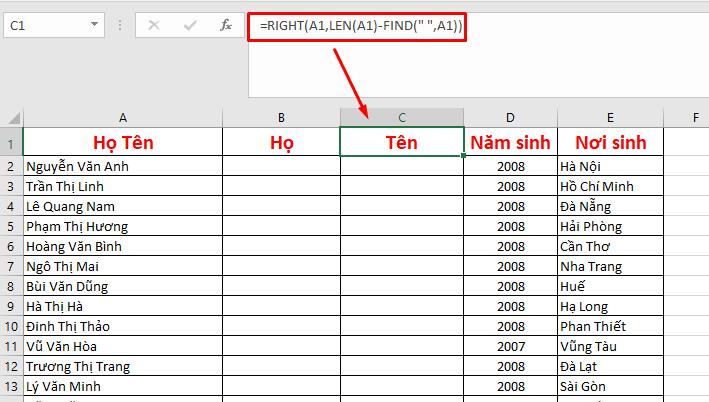 Tách tên ra khỏi cột họ tên