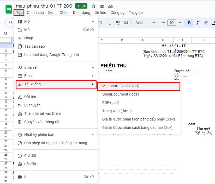Tải mẫu phiếu thu Excel mới nhất theo thông tư 133 và 200