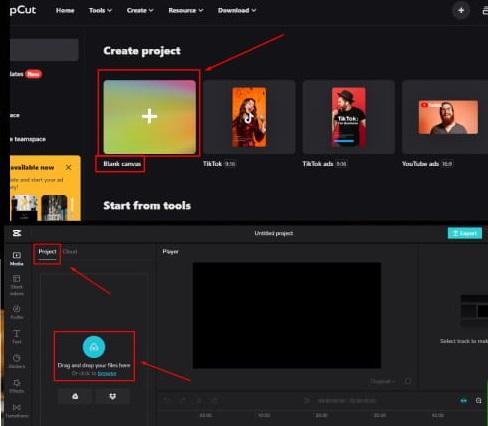 Tải video và âm thanh lên Capcut