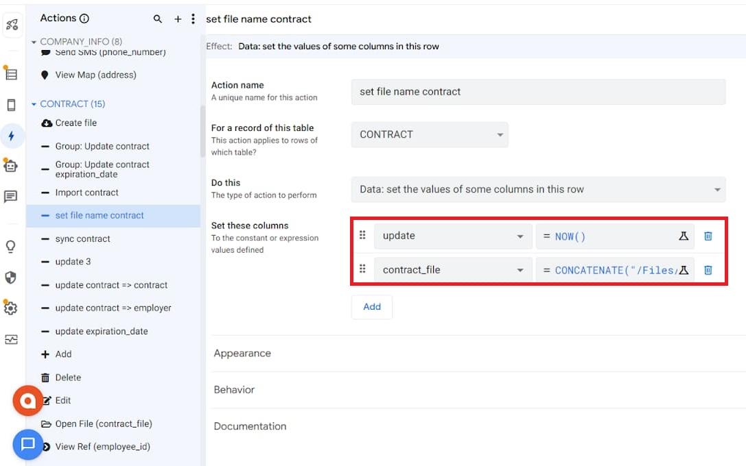 Tạo Action đặt tên file