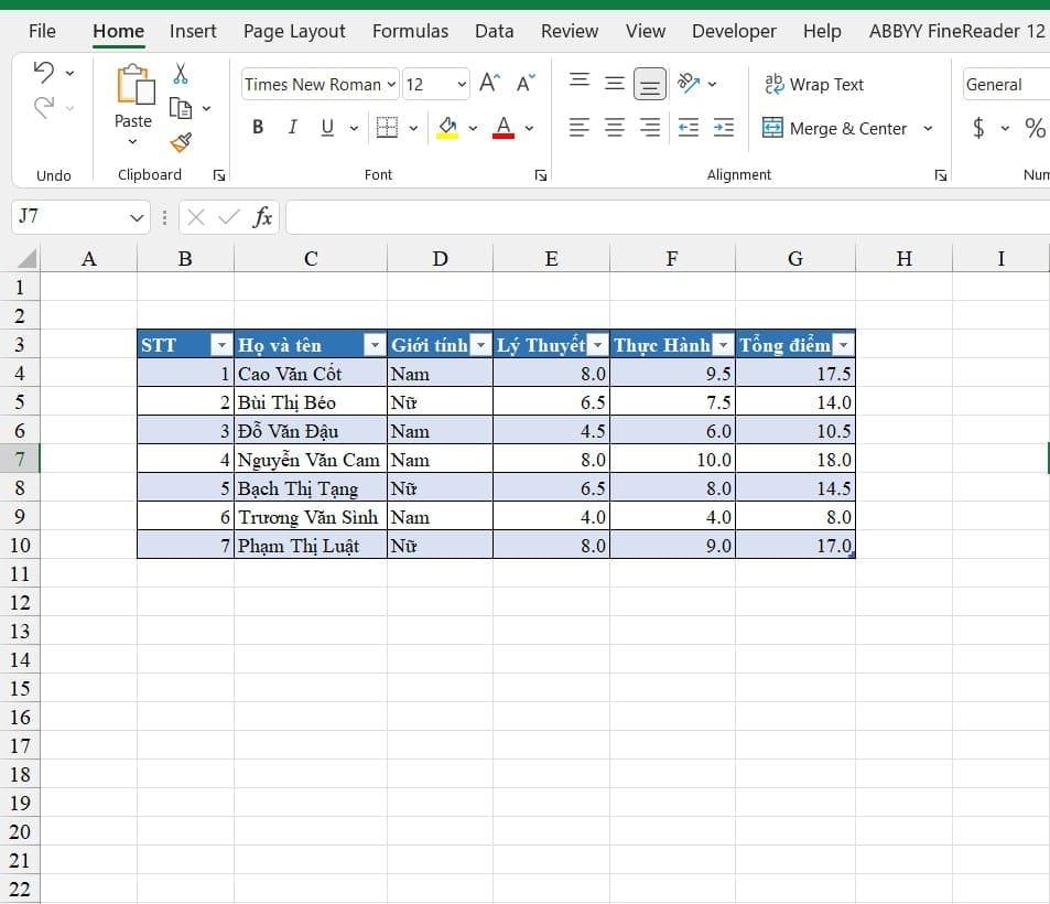 Tạo bảng trong Excel thành công