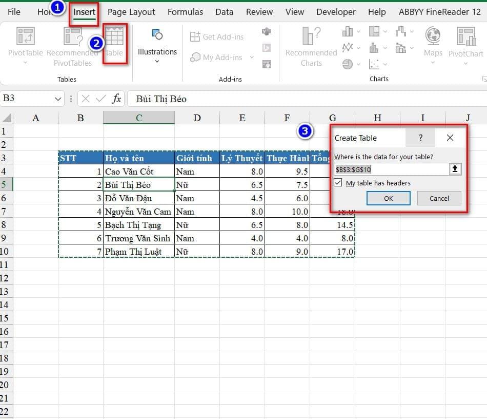 Cách Tạo bảng trong Excel