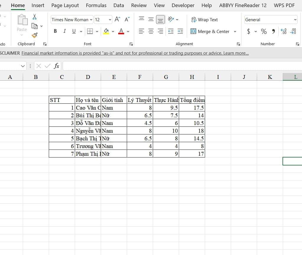 Ví dụ Tạo bảng trong Excel