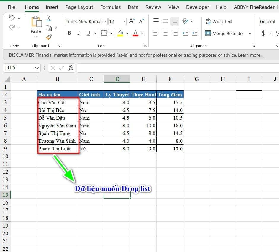 Tạo danh sách thả xuống Drop list ví dụ