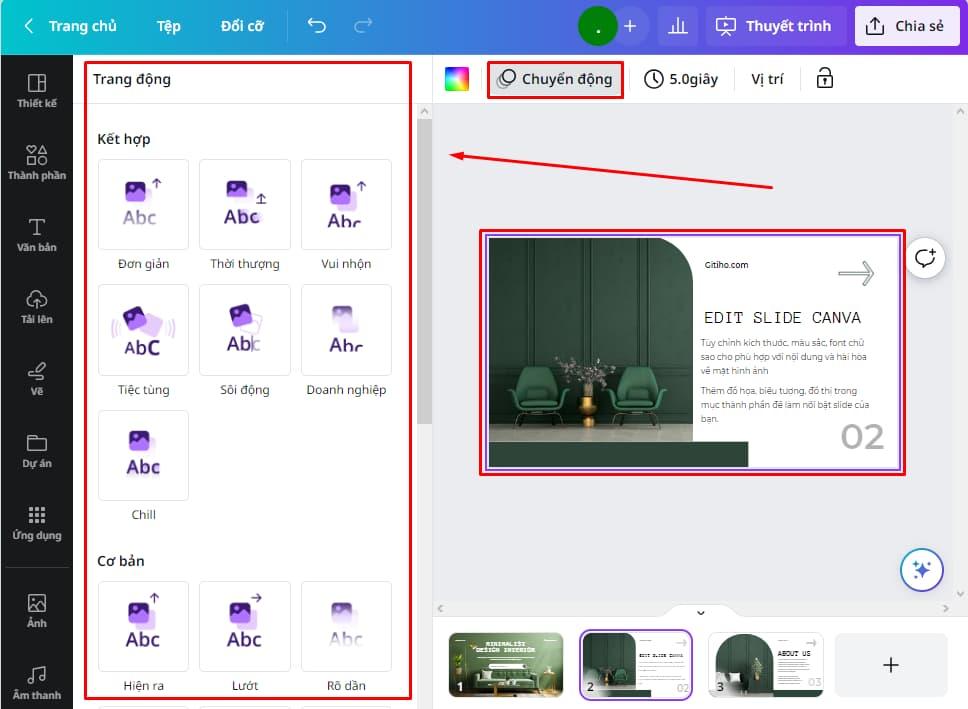 Tạo hiệu ứng chuyển động cho slide Canva
