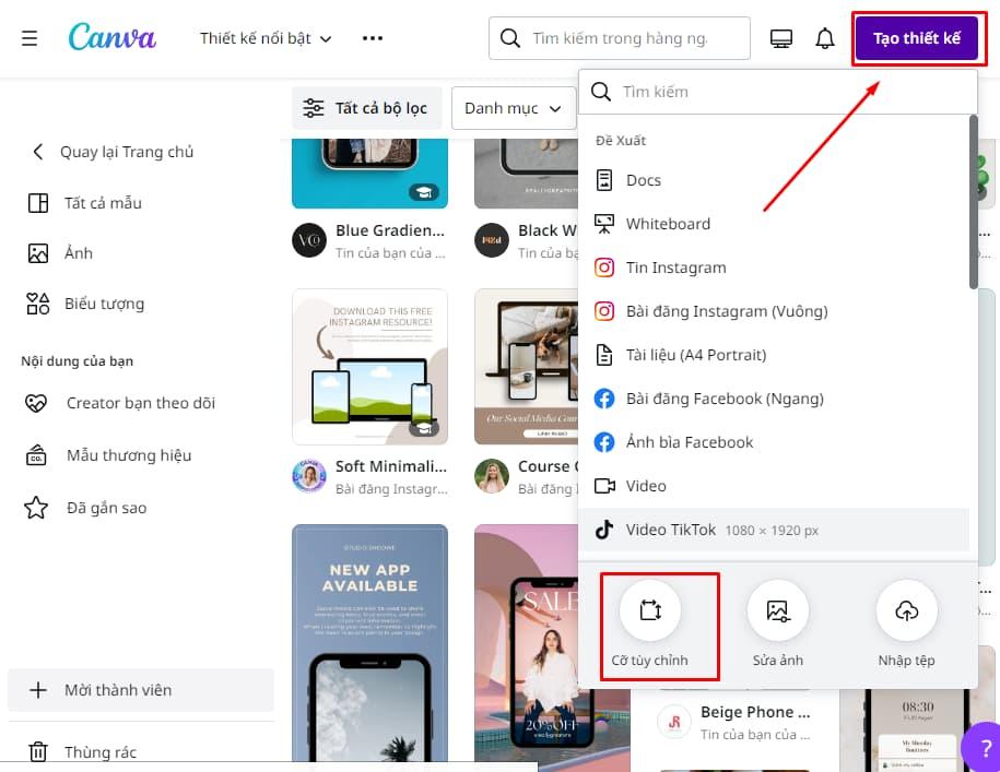 Tạo một mẫu thiết kế mới có kích thước tùy chỉnh