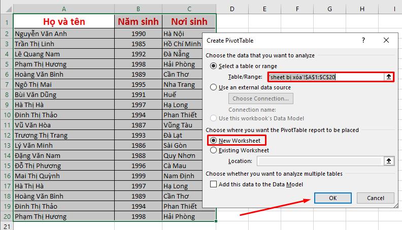 hộp thoại Create PivotTable trong Excel