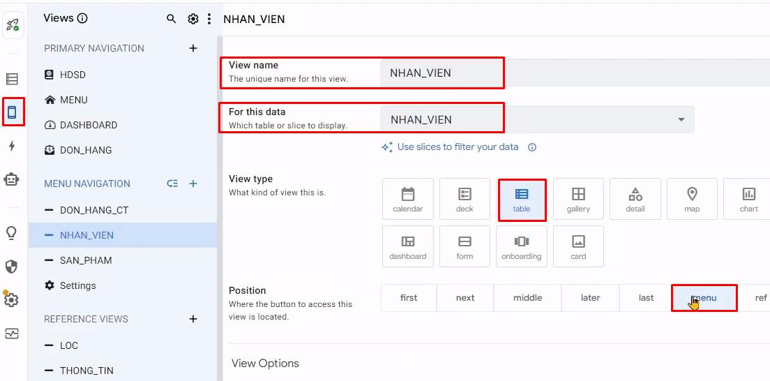 Cài đặt view cho bảng nhân viên