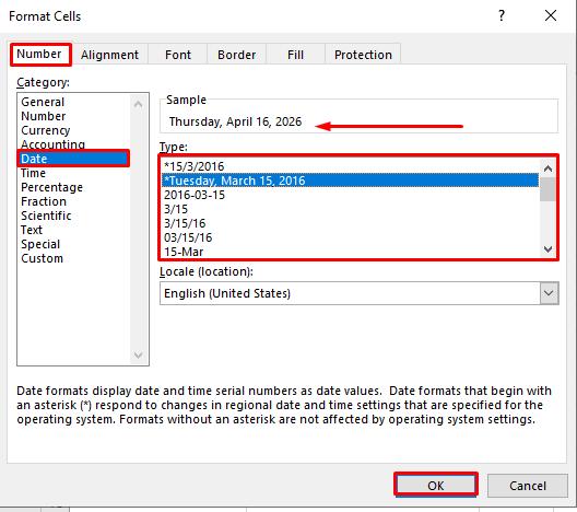 chọn định dạng ngày trong Excel