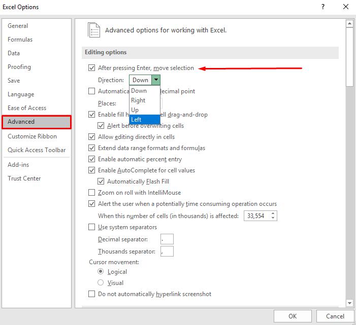 Thay đổi vị trí con trở chuột chuyển động trong Excel