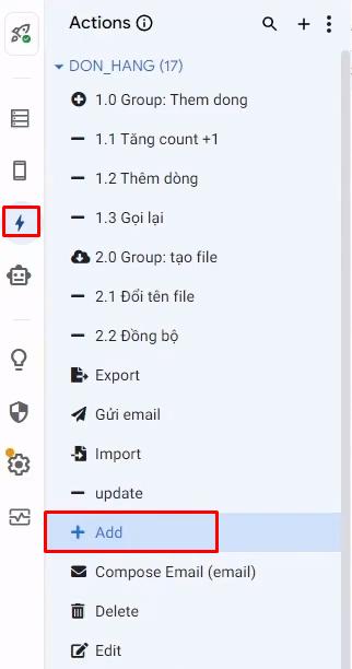 Vào mục Add trong menu Action