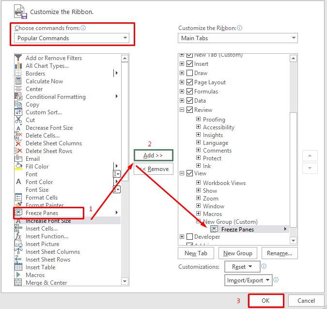 Không hiện ra các công cụ trong nhóm chức năng Freeze Panes 4