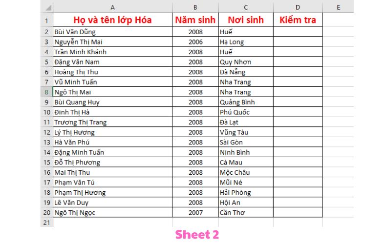 Thêm cột kiểm tra ở sheet 2