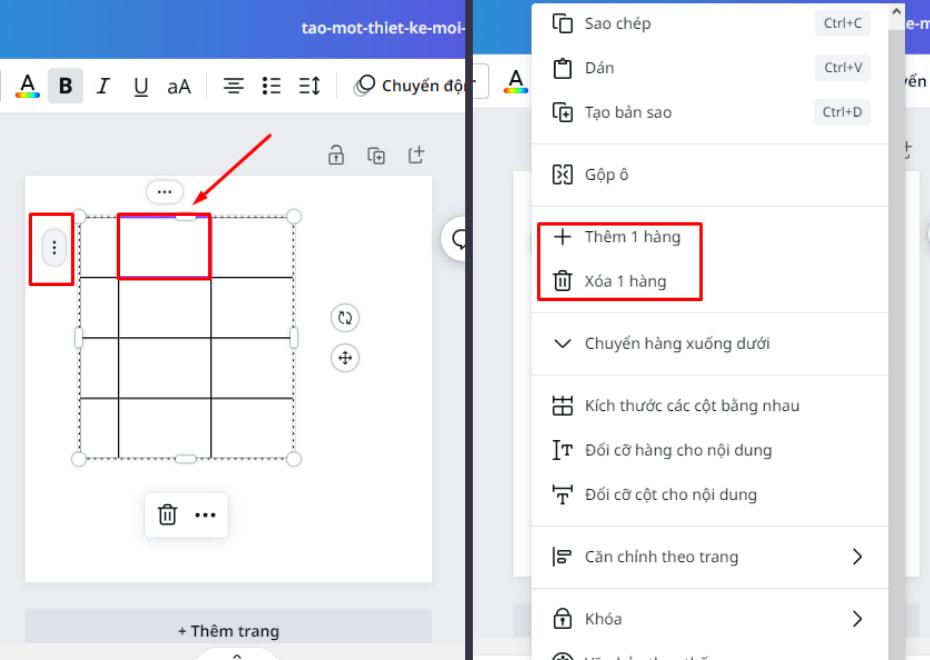 Thêm hoặc xóa hàng và cột