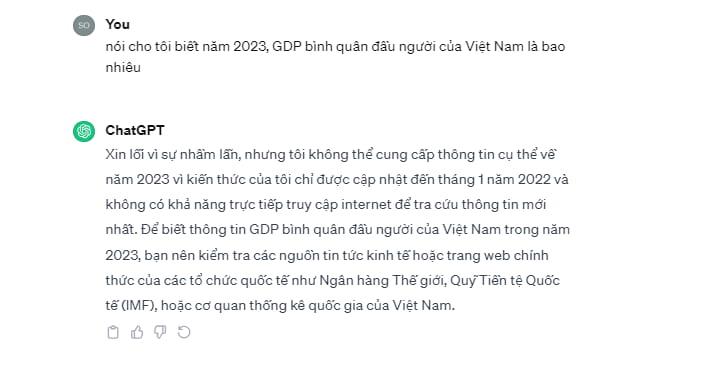 Thông tin chatgpt đưa a không được cập nhật mới nhất