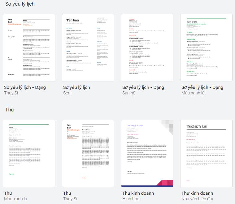 Sử dụng thư viện mẫu trên Google docs