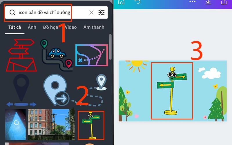 Tìm kiếm Canva icon mong muốn trong tab thành phần