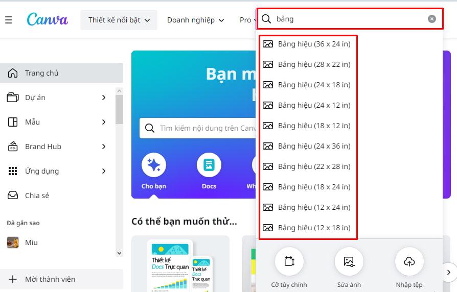 Tìm kiếm tùy chọn Bảng trong ô tìm kiếm