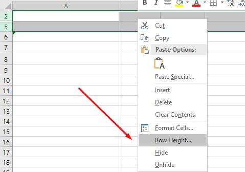 chọn Row Height để thay đổi chiều cao hàng