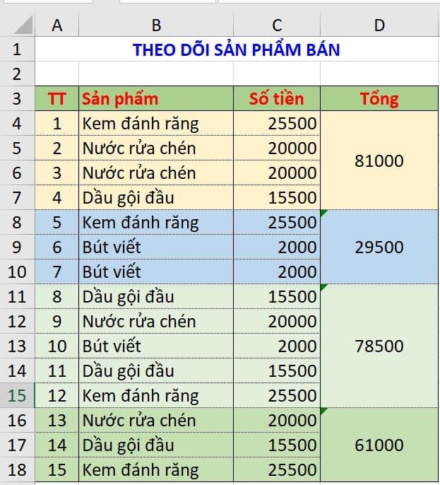 Tính tổng các ô Merge trong Excel