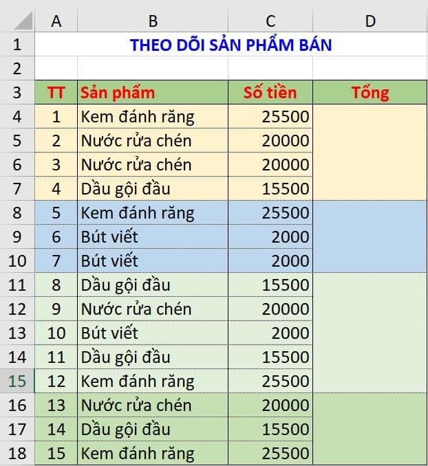 Tính tổng các ô Merge trong Excel