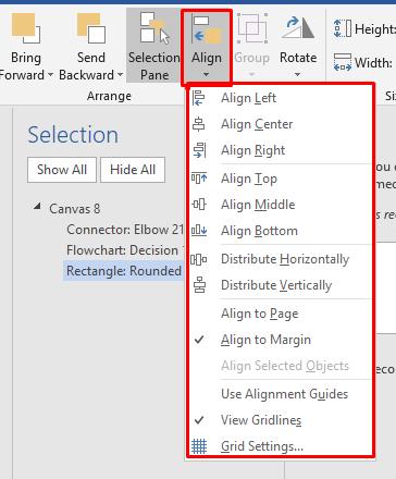 Căn chỉnh vị trí các hình dạng trong flowchart