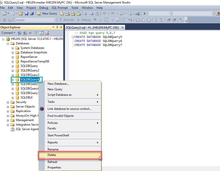 Cách xóa database trong SQL cách 1 1