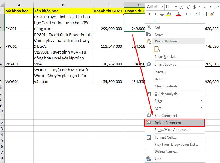 Xóa ghi chú bằng chuột