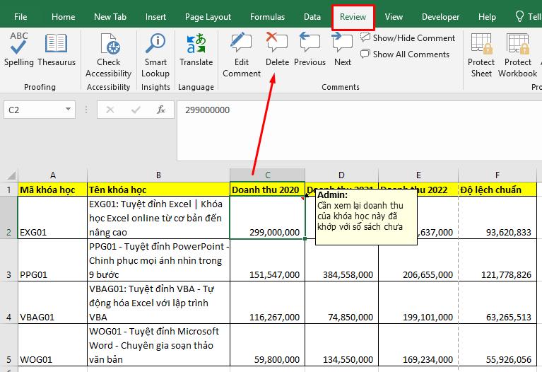 Xóa ghi chú bằng thanh Ribbon