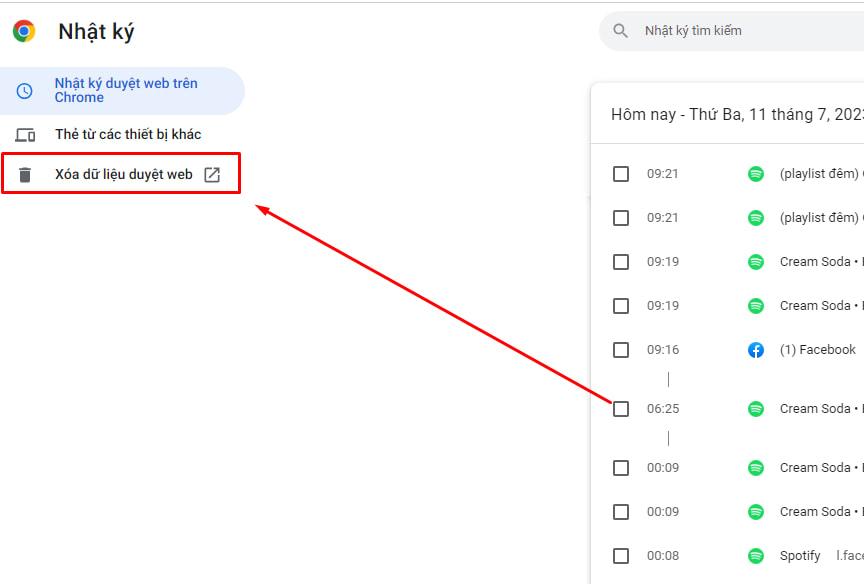 Xóa lịch sử dữ liệu duyệt web