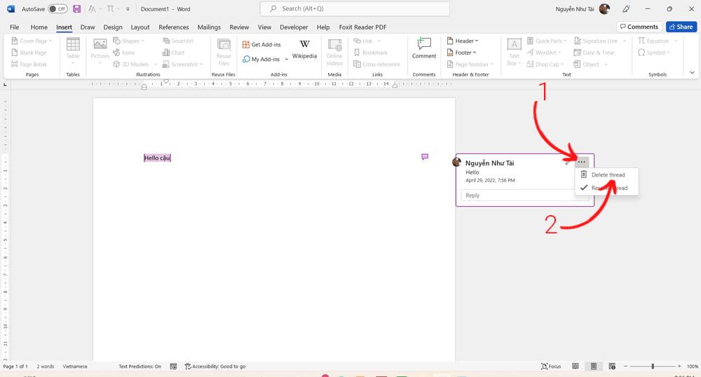 Xóa một comment trong Word cách 1