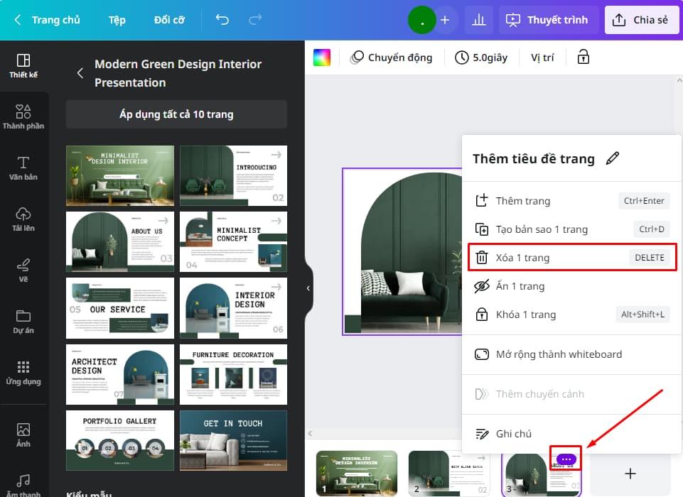 Xóa một trang nội dung trong slide