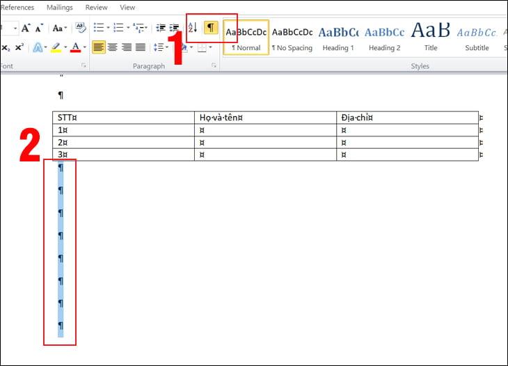 Xóa trang trắng sau khi chèn bảng 1