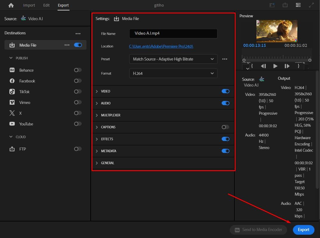 Xuất video trong Adobe Premiere 2