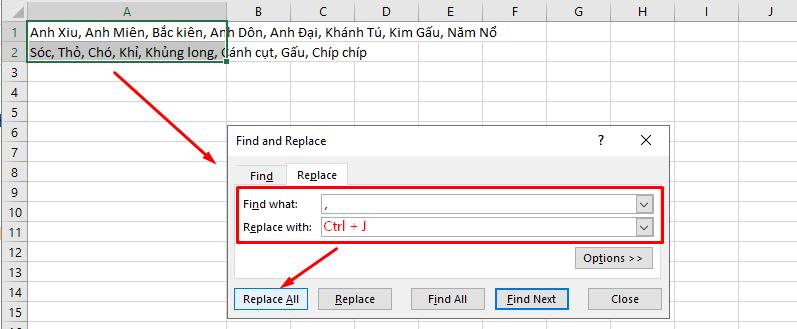 Thay thế dấu phẩy bằng dấu cách trong Excel