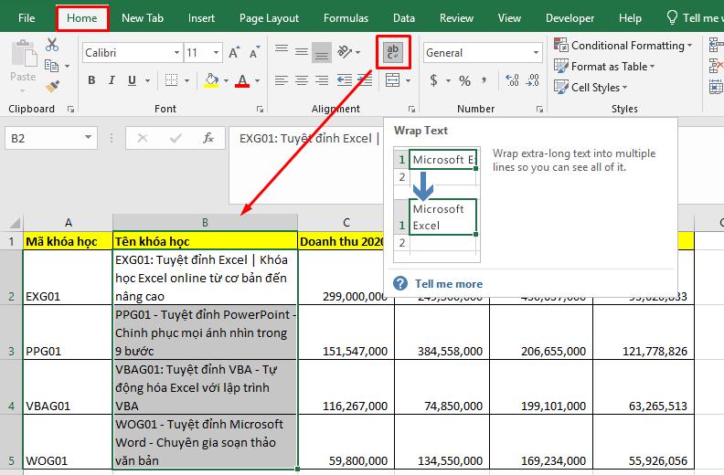 Công cụ Wrap text trên Excel Windows