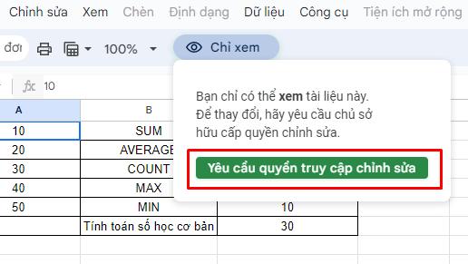 Yêu cầu quyền truy cập chỉnh sửa dữ liệu của gg sheet